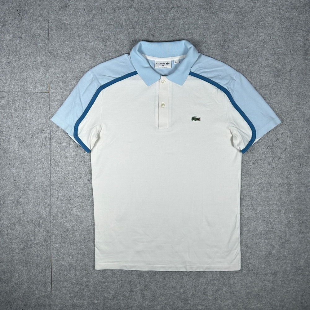 Lacoste Polo Shirt Mens Size Medium White Blue Colorblock Made in France Sporty